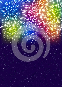 Shiny rainbow fireworks on starry sky background for Your design