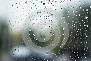 Shiny raindrops splashes falling cascading down wet glossy foggy glass window car outdoor during rainy stormy day