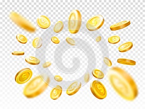 Shiny realistic gold coins explosion. Casino golden coin, falling money vector illustration concept