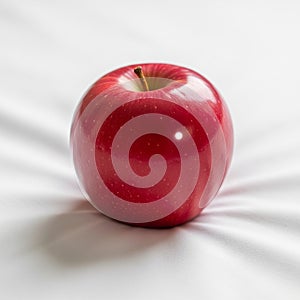 A shiny red apple with a smooth glossy surface and a small brown stem on top