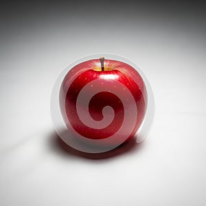The apple has a short brown stem. The lighting creates a gentle