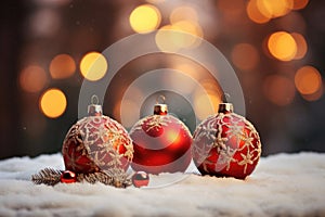 shiny red Christmas ball bouncing in front of blurred Christmas candle light and unfocused bokeh