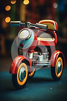 A shiny red electric tricycle, designed for children.