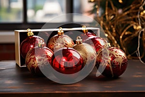 shiny, red and gold christmas ball ornaments in a box