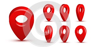 Shiny red realistic map pins set. Vector 3d pointers isolated on white background. Location symbols in various angles