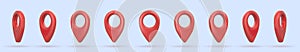 Shiny red realistic map pointers vector set in various angles. Web location point, pointer 3d vector