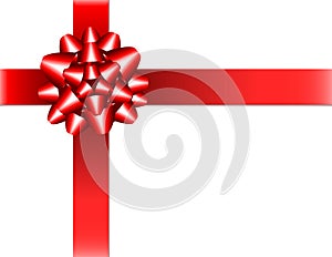 Shiny red ribbon with bow on white background