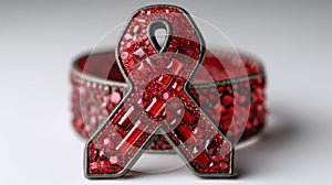 Shiny Red Ribbon Shaped Accessory with Gemstone Details and Elegant Design photo