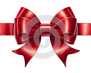 Shiny red satin ribbon on white background. Christmas and New Year decoration