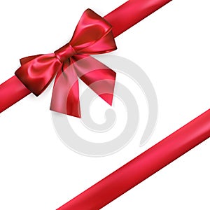 Shiny red silk bow and ribbon on white background. Holiday decoretion element. Vector illustration isolated on white background