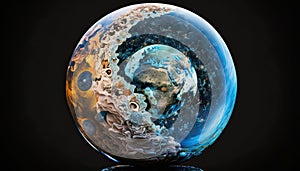 Shiny reflective marble with the cosmos. Sun, stars, planets galaxies inside a glass globe orb bowling ball. Light mirror sphere