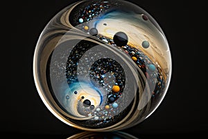 Shiny reflective marble with the cosmos. Sun, stars, planets galaxies inside a glass globe orb bowling ball. Light mirror sphere