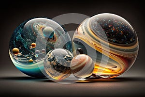 Shiny reflective marble with the cosmos. Sun, stars, planets and galaxies inside a glass globe orb bowling ball. Sphere in space.