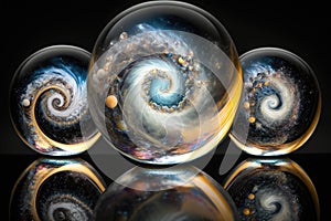 Shiny reflective marble with the cosmos. Sun, stars, planets and galaxies inside a glass globe orb bowling ball. Sphere in space.