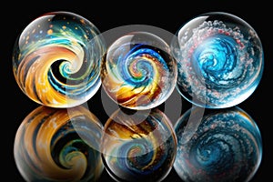 Shiny reflective marble with the cosmos. Sun, stars, planets and galaxies inside a glass globe orb bowling ball. Sphere in space.