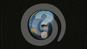 Shiny retro VHS style Question mark fly in and out in stars space and Earth globe animation background new unique