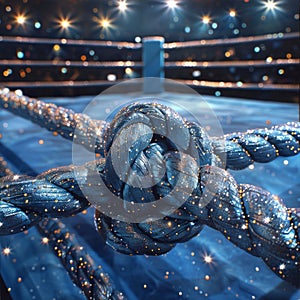 A shiny rope connects to a dazzling boxing ring encrusted with rhinestones, creating a bold and glamorous look