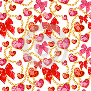 Shiny ruby heart pendants hanging seamless pattern