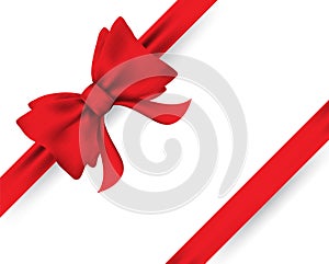 Shiny satin red bow and ribbon gift box on white background. Vector illustration