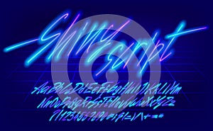 Shiny Script alphabet font. Glowing neon letters and numbers. Uppercase and lowercase.