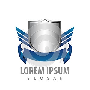 Shiny shield badge with blue ribbon and wings concept design. emblem symbol graphic template element vector