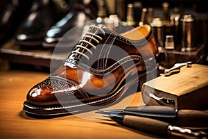 Shiny Shoe polishing closeup equipment. Generate Ai