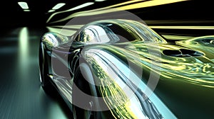 A shiny silver car is speeding down a road