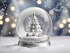 Shiny silver Christmas tree in snow globe on snow with soft lights