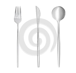 Shiny silver cutlery set on white background, top view