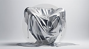 Shiny silver fabric draped over a container with liquid pooling at the base on a white background photo