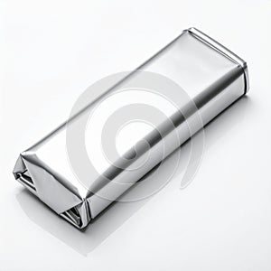 Silver Foil Wrapped Rectangular Object on White Surface with Reflection wrapper