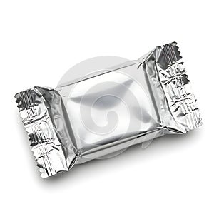 Shiny silver foil wrapped rectangular object on a white background