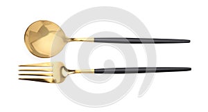 Shiny silver fork and spoon isolated on white, top view. Luxury cutlery