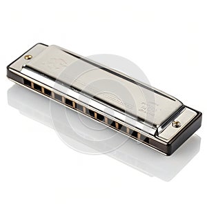 Shiny silver harmonica isolated on white background photo