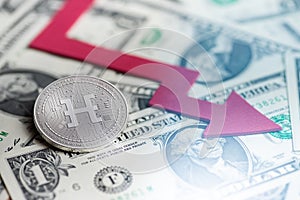 Shiny silver HDAC cryptocurrency coin with negative chart crash baisse falling lost deficit 3d rendering photo