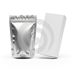 Shiny silver pouch with a white rectangular box on a white background