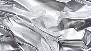 Shiny silver satin fabric texture background. Closeup of rippled silver fabric texture. Generative AI