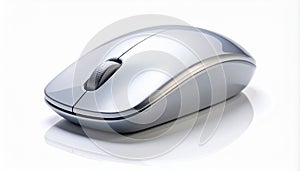 Silver Wireless Computer Mouse with Scroll Wheel and Reflection on White Background wireless mouse