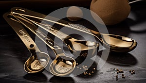 Shiny silverware collection on wooden table stack generated by AI