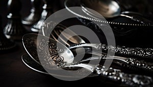 Shiny silverware set on rustic wooden table generated by AI