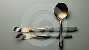 Shiny silverware set on wooden table, elegant dining experience generated by AI