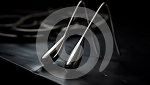 Shiny silverware and utensils on clean black table in kitchen generated by AI