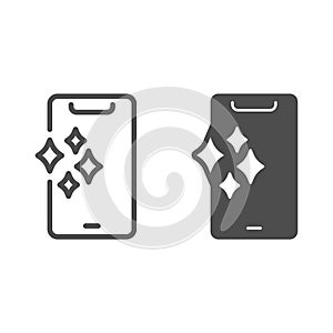 Shiny smartphone line and solid icon, smartphone review concept, new mobile sign on white background, clean phone icon