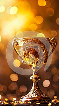 Shiny sparkling champion gold cup on golden bright background with sparkles , first place Trophy cup