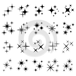 Shiny sparks silhouettes. Twinkle star particles, glitter sparkles and magic sparkle isolated silhouette vector icons set