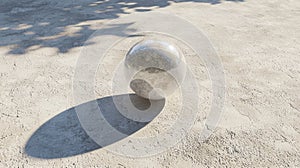 A shiny sphere casts a shadow on a light beige textured surface.