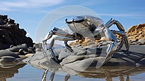 Shiny Stainless Steel Iron Crab, Robot Crab, Creation of the Future.