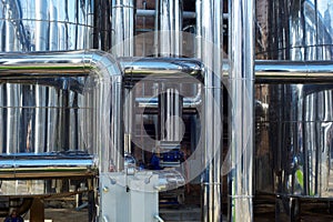 Shiny stainless steel pipes, tanks for the food industry