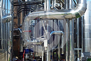 Shiny stainless steel pipes, tanks for the food industry