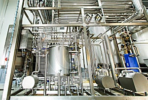 Shiny stainless steel pipes, tanks for the food industry